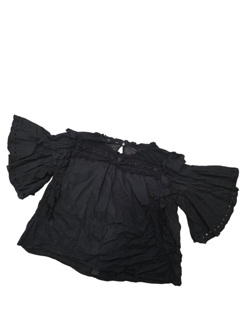 St. Roche Black Organic Cotton Bell Sleeve Top With Crochet Lace & Eyelet Size M